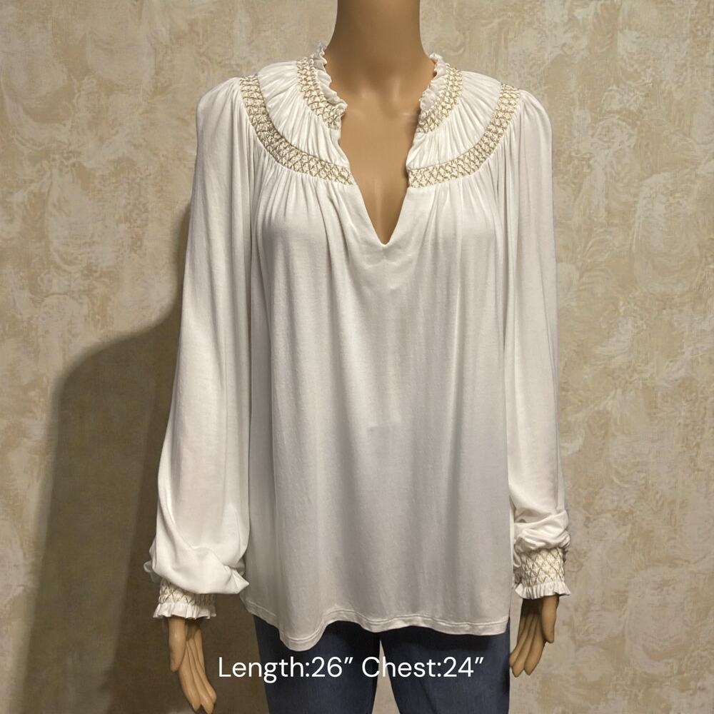 Boden Smocked Yoke Metallic Top size 14 cream and gold